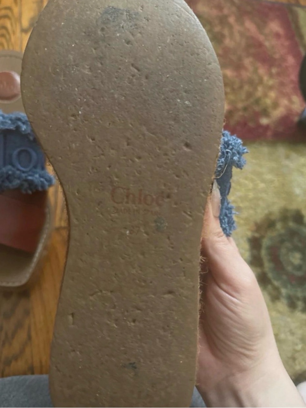 Chloe Denim Fringe & Brown Leather Platform Slides - Picture 3 of 3